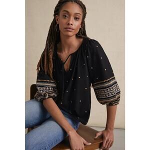 ANTHROPOLOGIE Pilcro Calanthe boho embroidered black blouse knit Top small